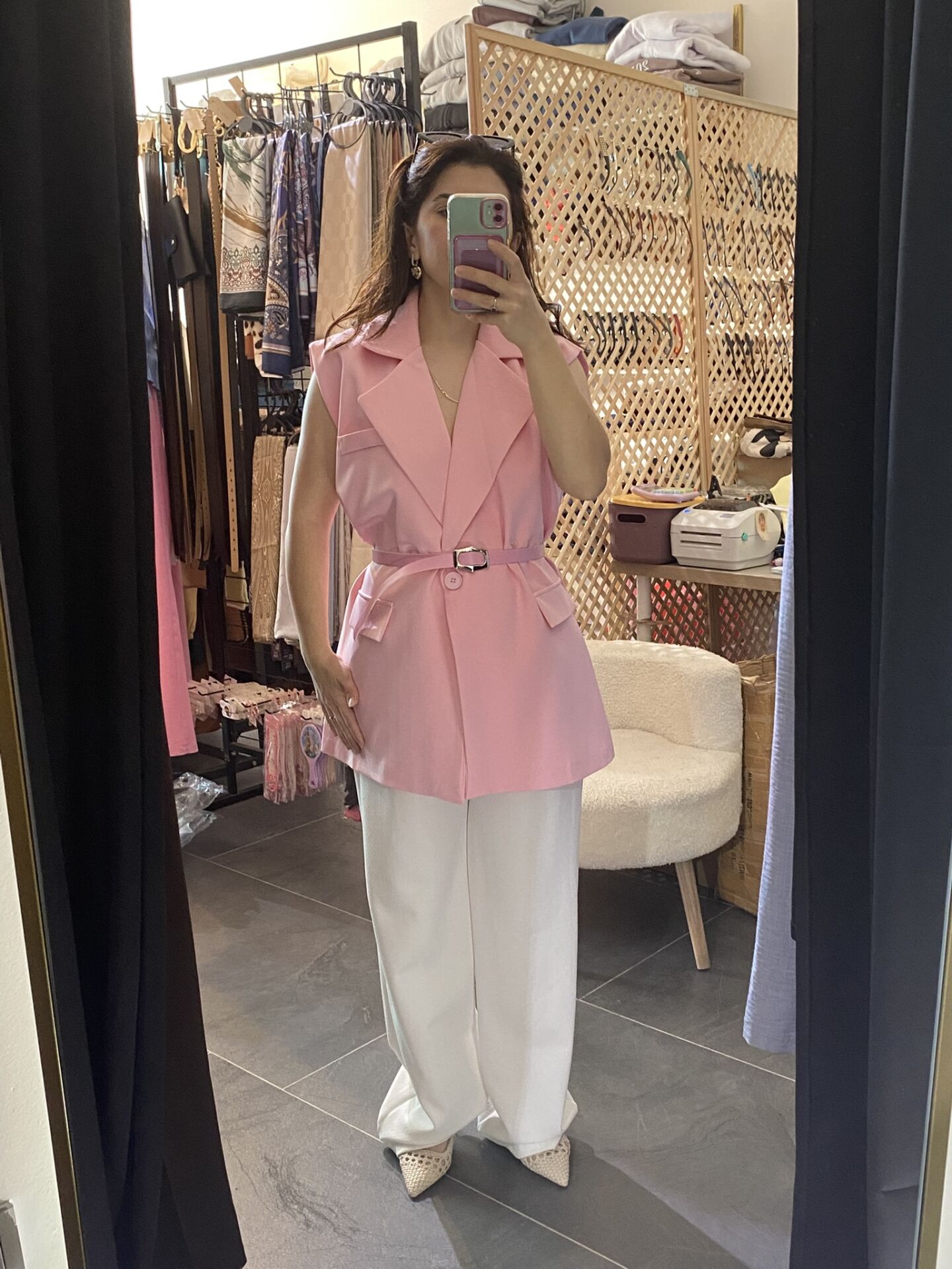 PEMBE MİNA YELEK KEMERLİ