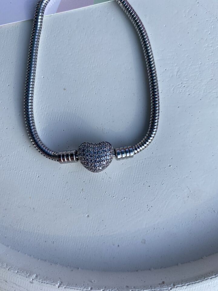 GÜMÜŞ ÇELİK ZİRKON TAŞLI KALP PANDORA BİLEKLİK 16 CM