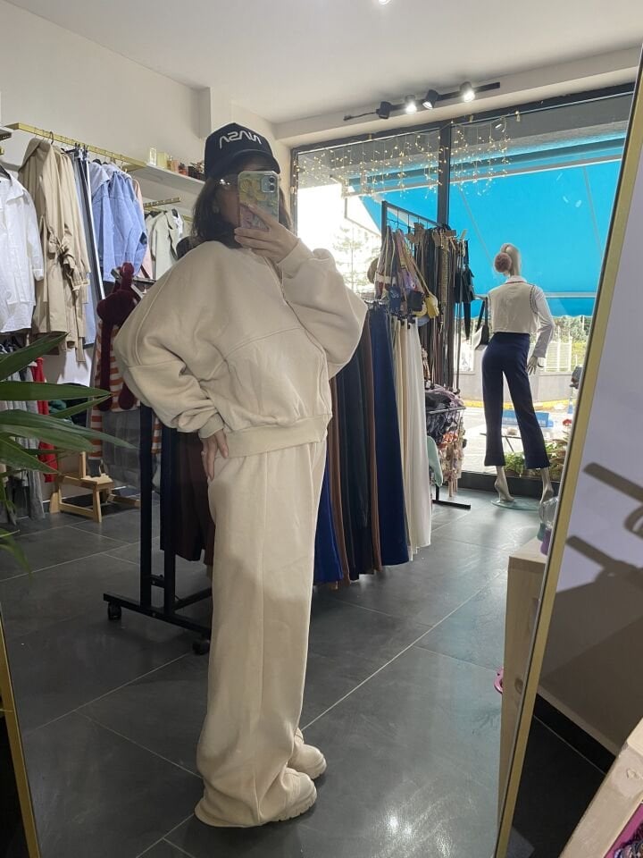 ZARA MODEL 3 İPLİK ŞARDONLU EŞOFMAN TAKIMI KREM