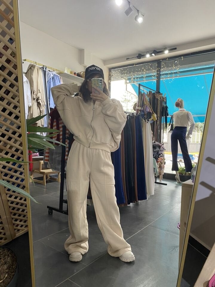 ZARA MODEL 3 İPLİK ŞARDONLU EŞOFMAN TAKIMI KREM