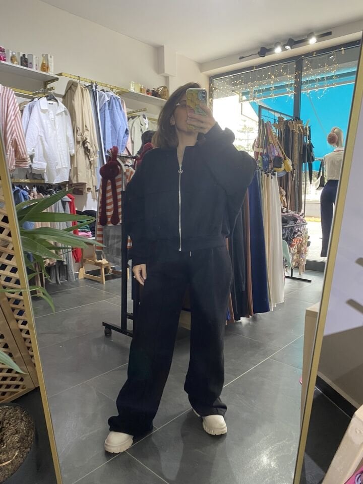 ZARA MODEL 3 İPLİK ŞARDONLU EŞOFMAN TAKIMI SİYAH