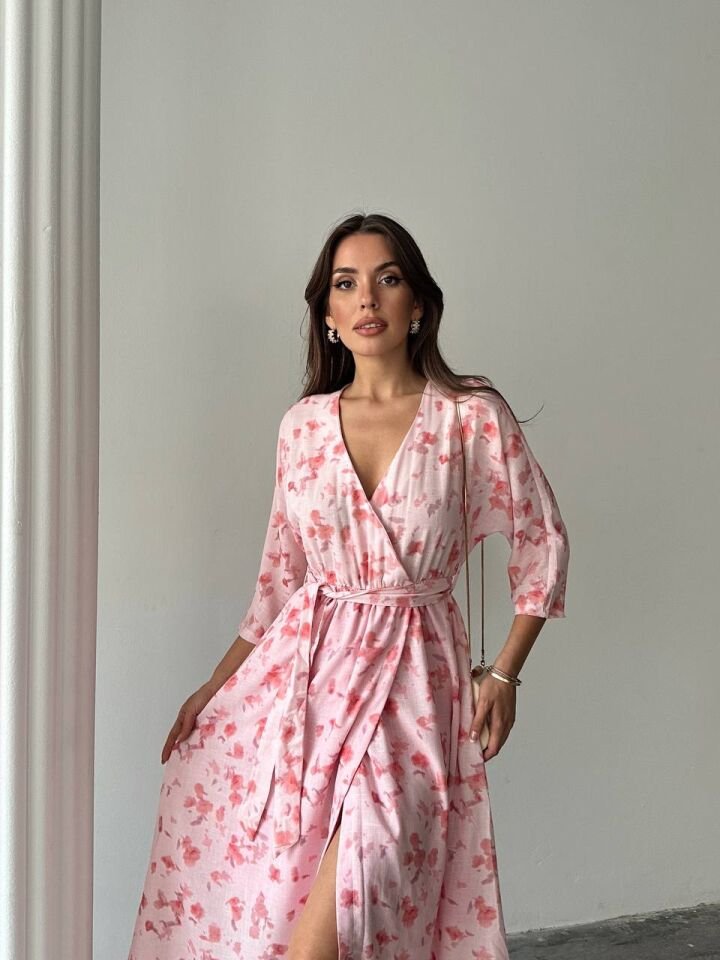 PEMBE KETEN KUŞAKLI ELBİSE