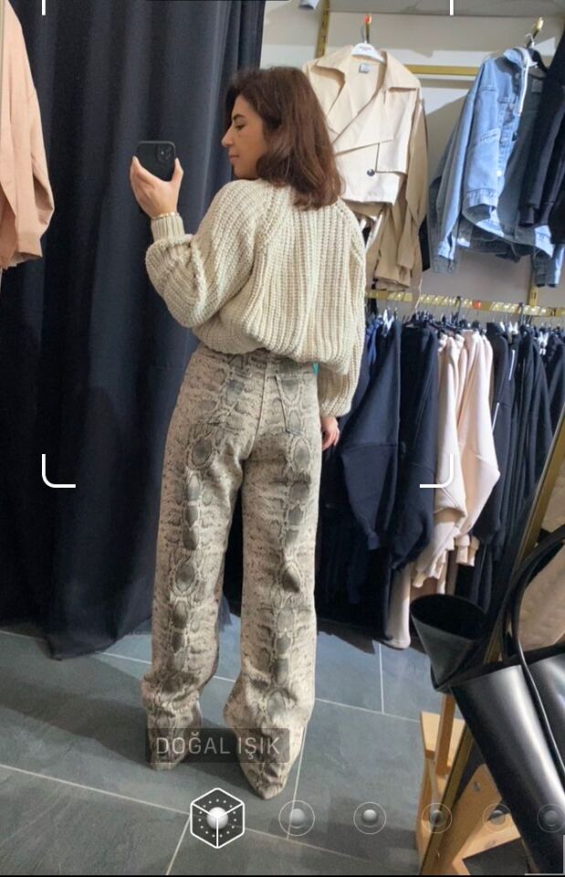 Yüksek Bel Yılan Desenli İspanyol Paça Denim Pantolon