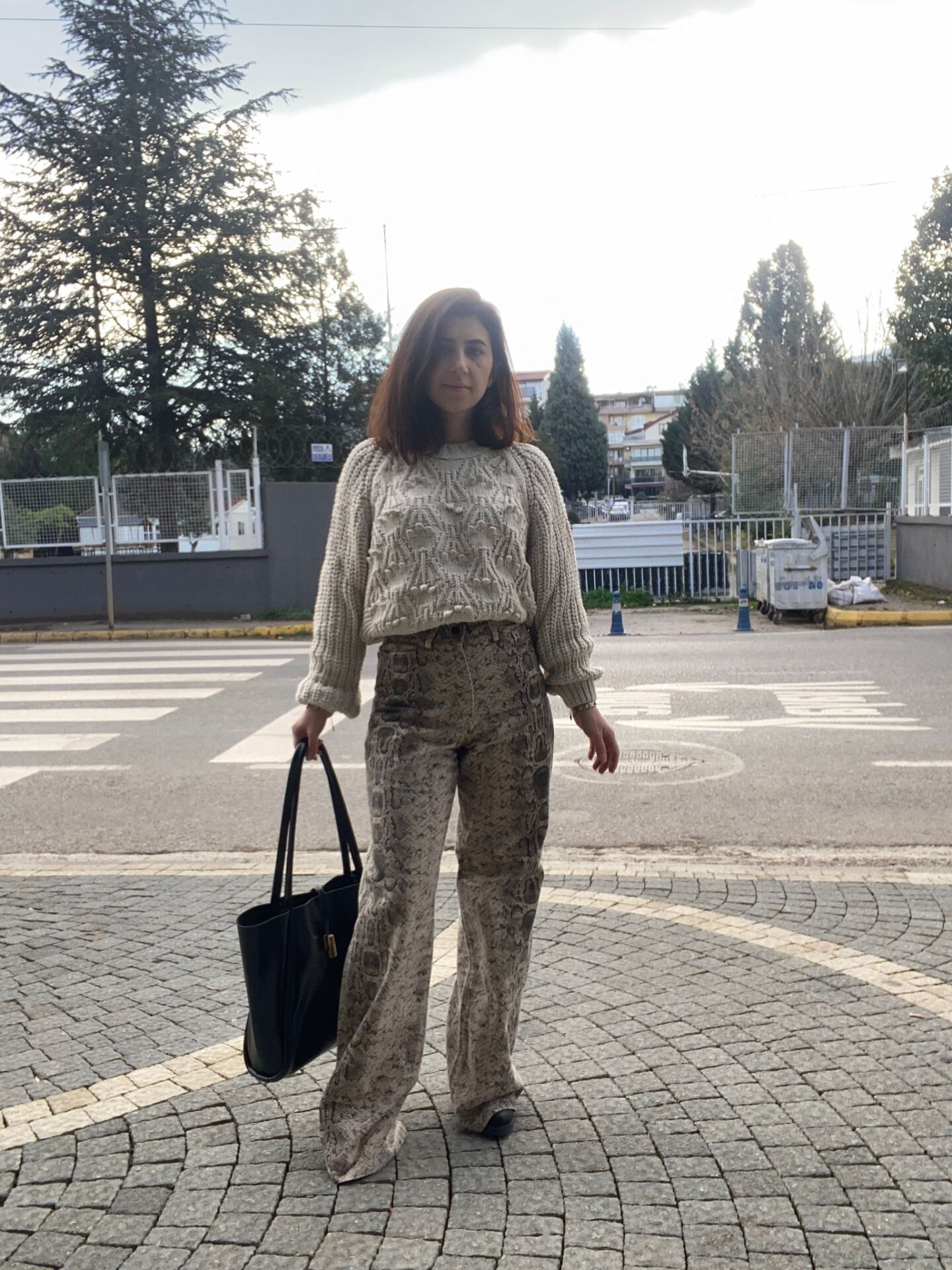 Yüksek Bel Yılan Desenli İspanyol Paça Denim Pantolon