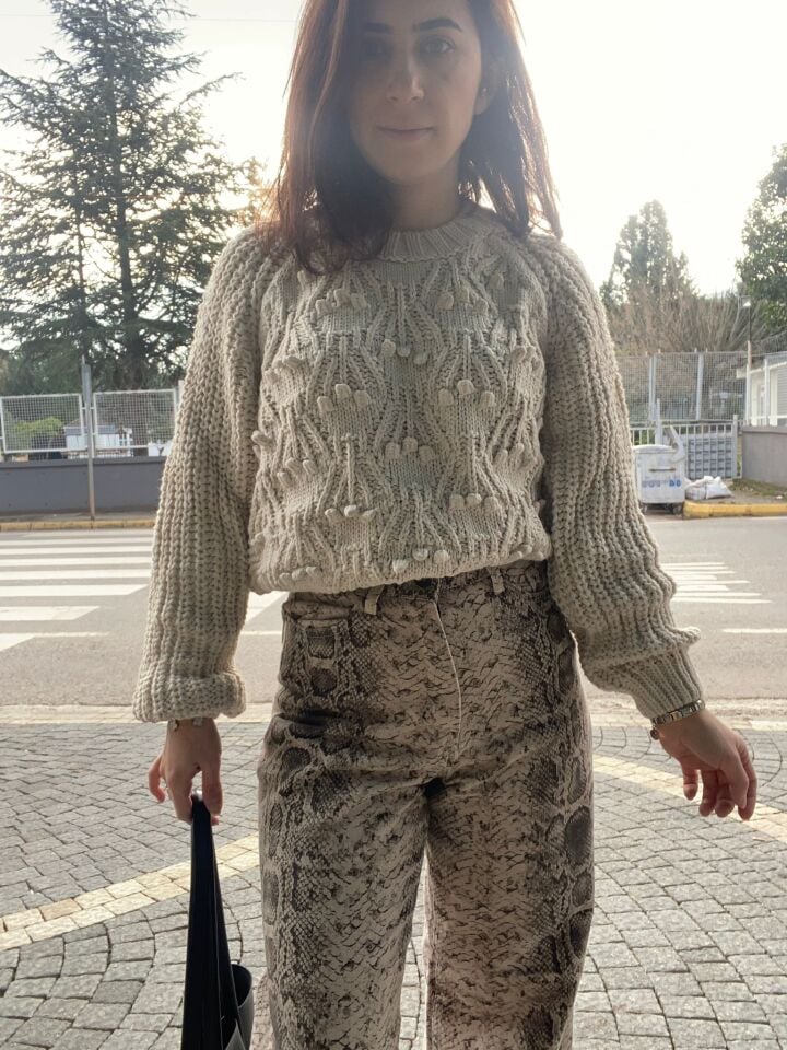 Yüksek Bel Yılan Desenli İspanyol Paça Denim Pantolon