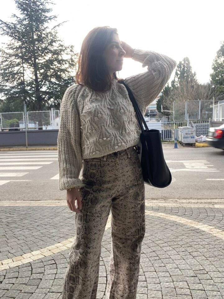 Yüksek Bel Yılan Desenli İspanyol Paça Denim Pantolon