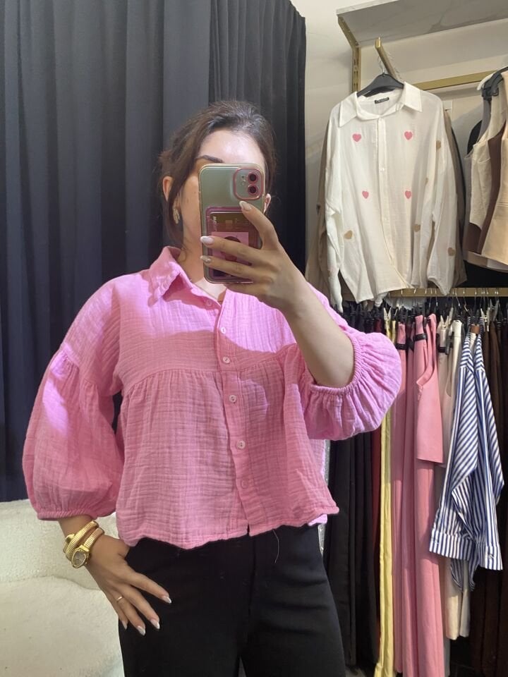 RU MÜSLİN CROP GÖMLEK - PEMBE