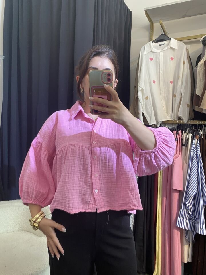 RU MÜSLİN CROP GÖMLEK - PEMBE
