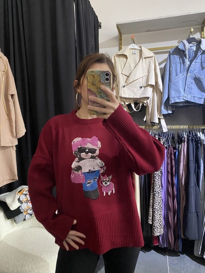 BORDO TEDDY BEAR BASKILI TRİKO KAZAK
