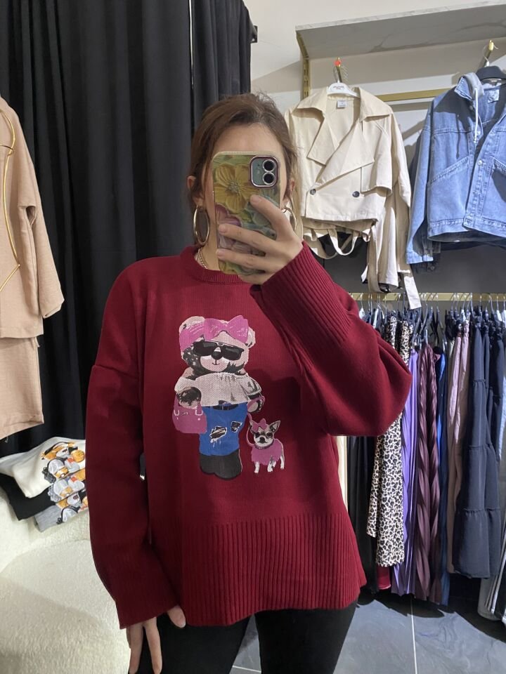 BORDO TEDDY BEAR BASKILI TRİKO KAZAK