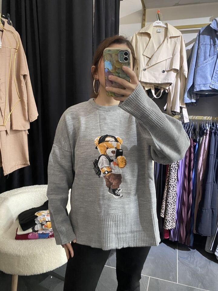 GRİ TEDDY BEAR BASKILI MUADİL TRİKO KAZAK
