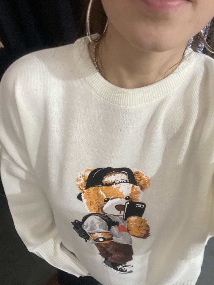 KREM TEDDY BEAR BASKILI MUADİL TRİKO KAZAK