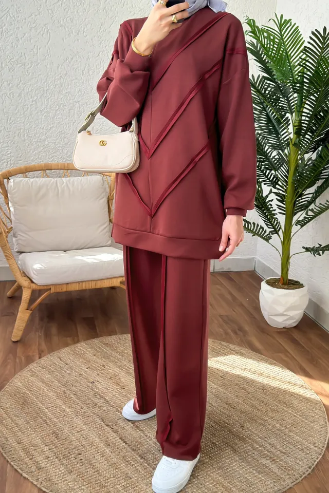 ASİMETRİK DETAYLI MODAL İKİLİ TAKIM BORDO
