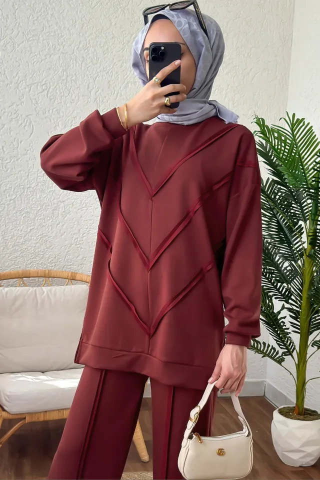 ASİMETRİK DETAYLI MODAL İKİLİ TAKIM BORDO