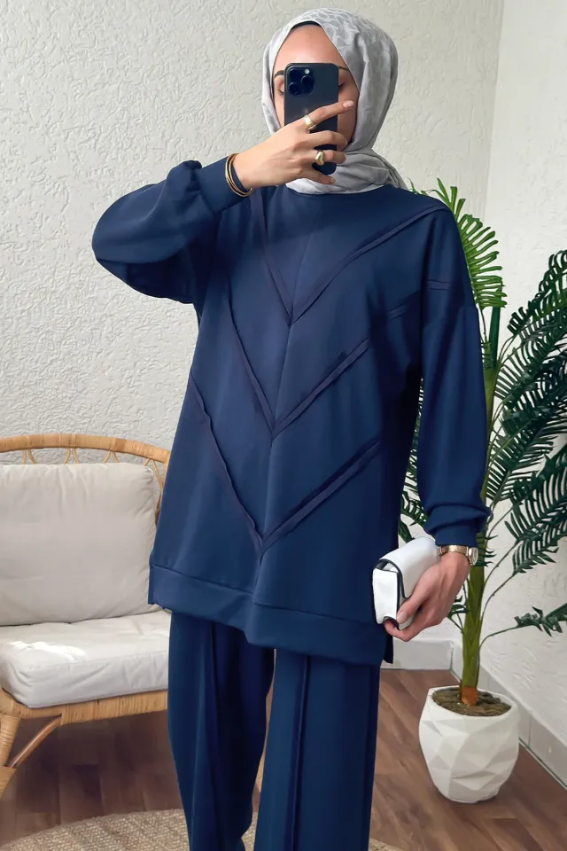 ASİMETRİK DETAYLI MODAL İKİLİ TAKIM LACİVERT