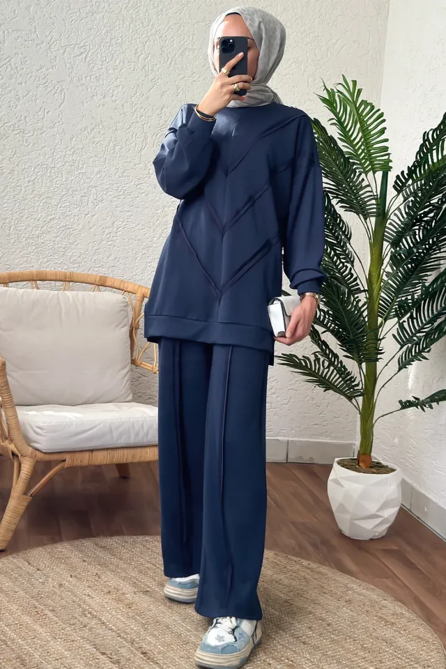 ASİMETRİK DETAYLI MODAL İKİLİ TAKIM LACİVERT