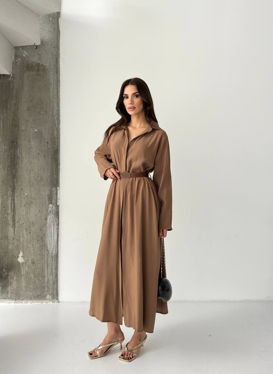 PREMIUM MODAL KUMAŞ KEMERLİ ELBİSE KAHVE