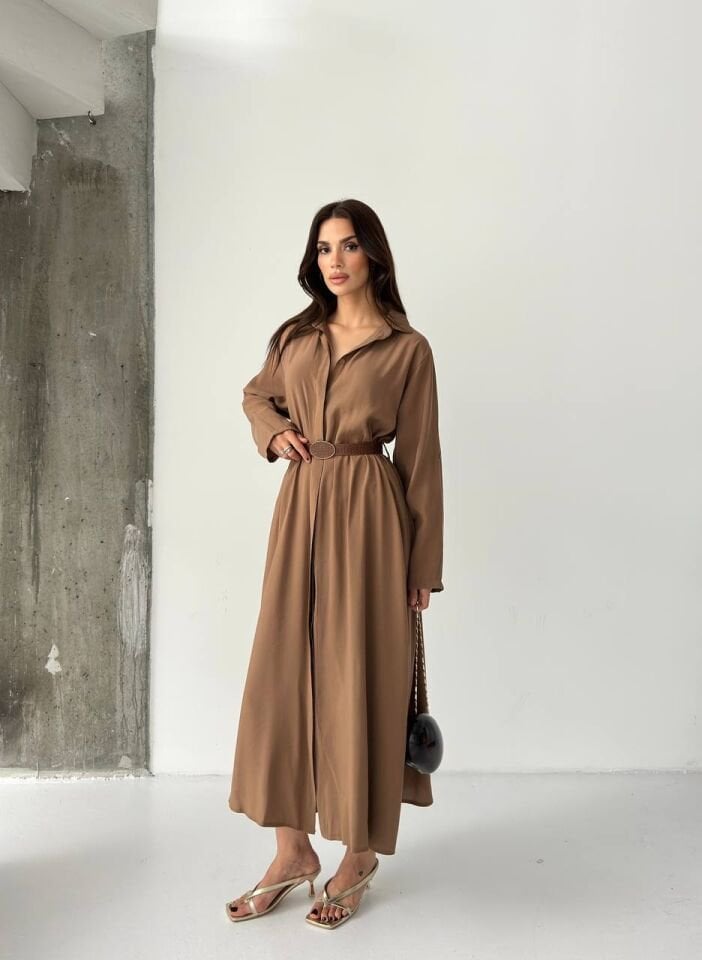 PREMIUM MODAL KUMAŞ KEMERLİ ELBİSE KAHVE