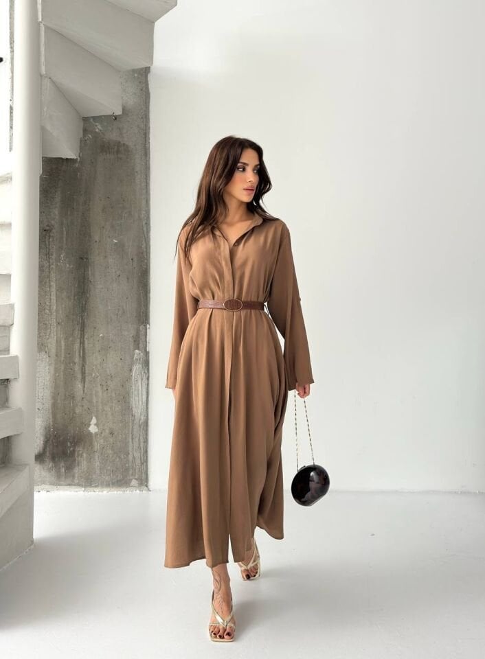 PREMIUM MODAL KUMAŞ KEMERLİ ELBİSE KAHVE