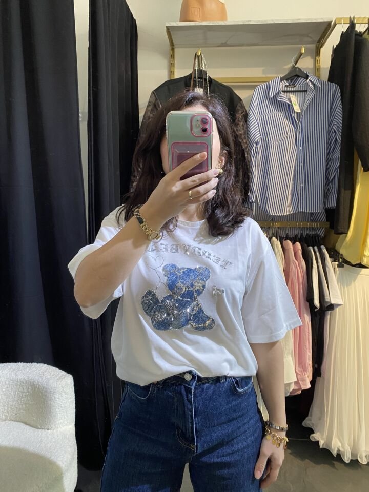 Taşlı Ayıcık Baskılı T-shirt